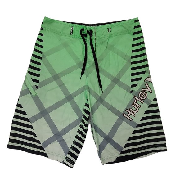 Hurley Board Shorts Mens 30 Green Drawstring Striped Swim Surf Summer Beach - Picture 1 of 8